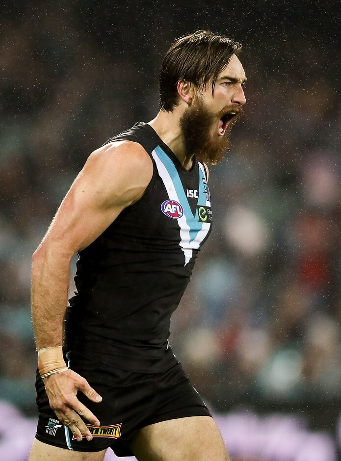 AFL 2016 Rd 15 - Port Adelaide v Richmond ADELAIDE, AUSTRALIA - JULY 01: Charlie Dixon of the Power celebrates a goal during the 2016 AFL Round 15 match between Port Adelaide Power and the Richmond Tigers at Adelaide Oval on July 1, 2016 in Adelaide, Australia. (Photo by AFL Media)